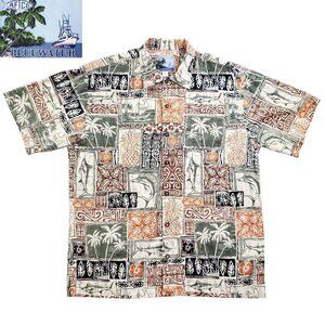 AFTCO Bluewater Hawaiian Shirt Polynesian Fishing Palm Trees Made USA Men Large